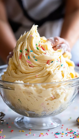 Bowl of Fluffy Vanilla Frosting with Rainbow Sprinkles, Perfect for Baking and Decorationの素材
