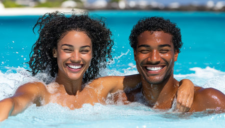 Joyful Couple Shares Laughter and Splashes in Tropical Water, Celebrating Summer Vacationの素材