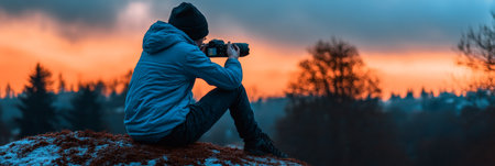Photographer Taking Pictures Of Dramatic Sky At Sunset, Photography And Hobby Concept.の素材