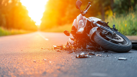 Aftermath of a Motorcycle Crash on a Deserted Road at Sunset A Stark Reminder of Road Safetyの素材