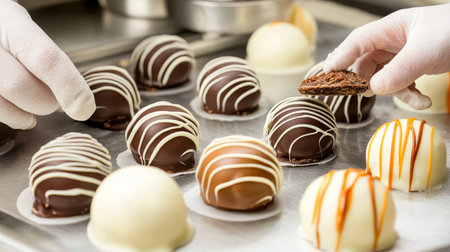 Artisan Chocolates Decorating Confections on Baking Sheet, Confectionery Work in Progress.の素材