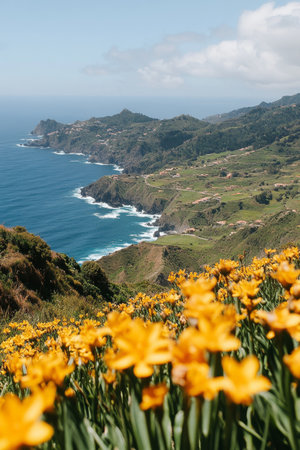 Blooming Coastline Coastal Landscape with Lush Green Hills, Colorful Wildflowers, and Ocean Viewsの素材