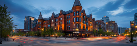Historic Architecture Meets Modern City Skyline, An Evening View of Urban Exploration.の素材