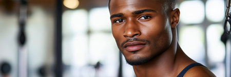 Portrait Of A Focused Young Black Man At The Gym, Looking Determined And Ready For A Workoutの素材
