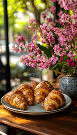 Freshly Baked Croissants Golden Brown and Flaky on a Plate, Perfect for a Cafe Treatの素材