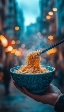 Steaming Bowl of Ramen Noodles, Cityscape in Background, Delicious Treat Outdoor Diningの素材