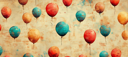 Vintage Party Clipart on a Textured Cream Background, Various Colorful Balloons Floatingの素材