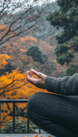 Finding Peace in Nature s Colors Close-Up of a Person Meditating Amidst Autumn Leavesの素材
