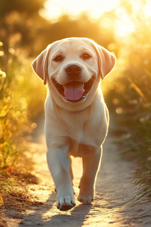 Golden Labrador Retriever Puppy Enjoying a Sunny Walk, Perfect for Pet Care and Outdoor Contentの素材