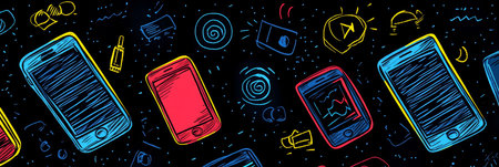 Seamless Pattern of Smartphone Technology, Drawn With Vivid Colors On Black Background.の素材