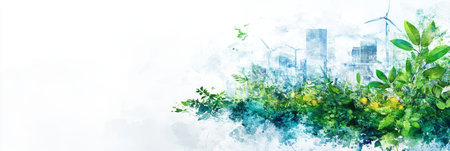 Green City Skyline With Wind Turbines, Representing Renewable Energy And A Sustainable Urban Future.の素材