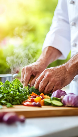 Chef skillfully chopping vibrant vegetables on a wooden board in a bright kitchen settingの素材