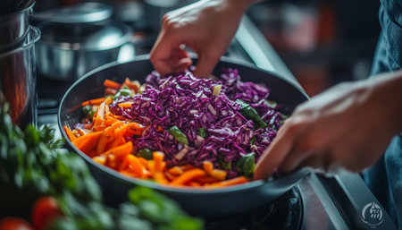 Chef Plating Vibrant Red Cabbage Salad with Fresh Ingredients in Home Kitchen Settingの素材