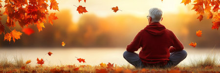 Senior Man Finds Tranquility Embracing Autumn s Beauty in Nature s Embrace as Leaves Fallの素材