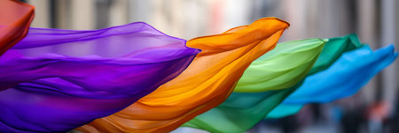 Colorful transparent fabrics dance in the wind, creating a vibrant and celebratory atmosphere.の素材