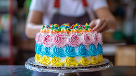 Baker Frosting a Layered Cake with Colorful Swirls of Icing, Creating a Vibrant and Festive Dessertの素材