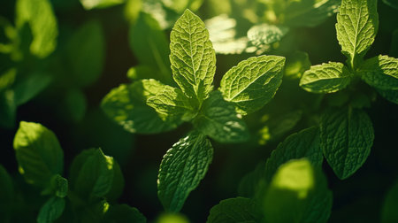 Fresh Green Mint. Close Up Of Garden Mint Leaves In Warm Sunlight For Beverages And Cooking.の素材