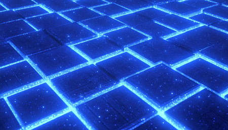Futuristic abstract illustration of a glowing blue circuit board pattern for technology backgroundの素材