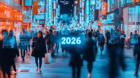 Urban Street at Night with Holographic Displays and Neon Signage, Vision of the Future 2026の素材