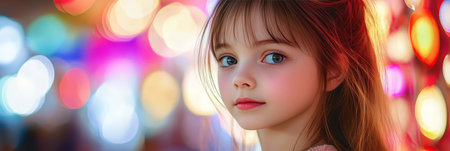 Young Girl s Portrait Against a Vibrant Background Of Sparkling Amusement Park Lights.,の素材