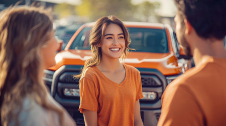 Young Woman Engaging with Salesperson, Exploring a New Truck Purchase at a Dealership.の素材