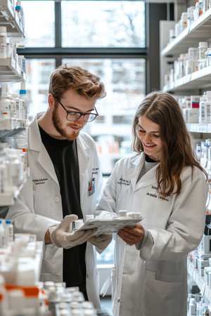 Pharmacists Discuss Prescription Medication Amidst Pharmacy Shelves, Healthcare Professionals.の素材