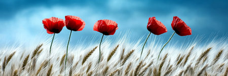 Five Red Poppies Sway in a Gentle Breeze, Summer Pastoral Landscape with Blurred Backgroundの素材