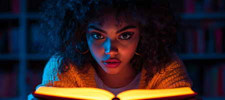 Young Woman s Captivated Expression Under Warm Book Light, Late Night Reading Sessionの素材