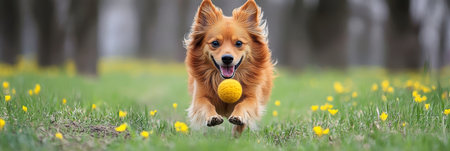 Cheerful dog enjoys fetch in sunny park surrounded by green grass and blooming flowersの素材