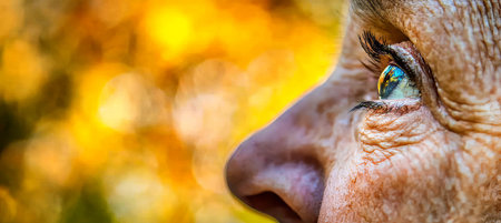 Contemplative Gaze Senior s Wrinkled Face Reflecting On Life, Nature s Blur Offering Copy Spaceの素材