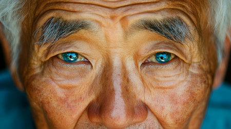 Wisdom in His Gaze A Striking Close-Up Portrait of an Elderly Asian Man with Piercing Blue Eyesの素材