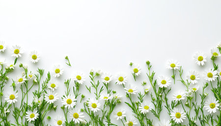 Fresh Springtime Floral Background, Green Leaves and Daisies Bloom, Copy Space on Whiteの素材
