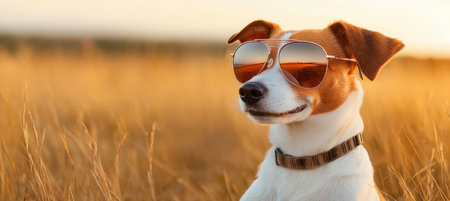 Canine Cool Factor Closeup of a Pup in Mirrored Sunglasses on a Sunrise Field reflecting Skyの素材