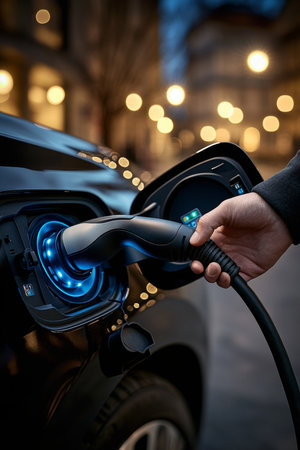 Electric Vehicle Charging Port, Illuminated, Night, City, Sustainability, Bokeh, Copy Spaceの素材