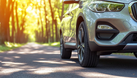 Luxury SUV Parked on the Roadside, Sunlight Streaming Through Trees, Green Park Backgroundの素材