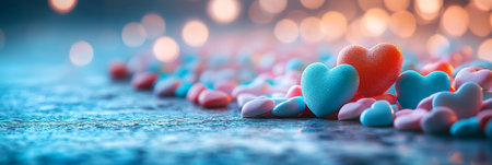 Pastel Heart Candies on a Sparkling Background A Sweet Backdrop for Celebrations of Loveの素材