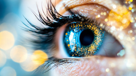 Close-up of a Blue Eye with Gold Glitter Makeup, Creating a Sparkling and Shimmering Effect.の素材