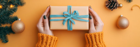 Womans Hands Holding Christmas Gift Box with Blue Ribbon, Ornaments, and Pine Branchesの素材