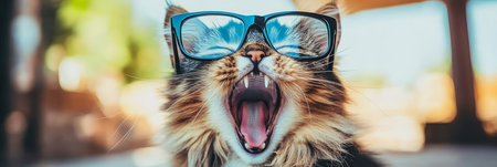 Curious Feline Yawning Wide, Fluffy Cat With Glasses Enjoys The Relaxed Outdoor Settingの素材
