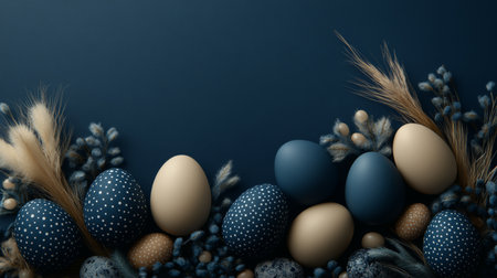 Navy Blue And Beige Easter Eggs With Pampas Grass On A Navy Background With Copy Spaceの素材