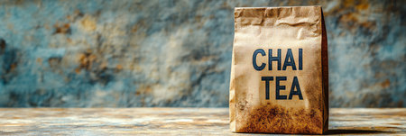Paper Bag of Dry Chai Tea on Distressed Tabletop against Blue Textured Concrete Wall, Copy Space.の素材