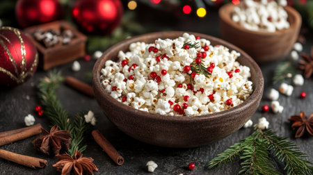 Christmas Popcorn With Red Berries, Festive Food On Wooden Table Decoration, Holiday Conceptの素材