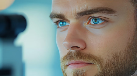 Patient Undergoes Modern Eye Exam For Cataract Symptoms Awareness Month Vision Conceptの素材