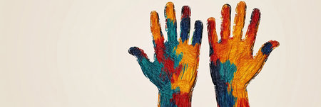 Colorful, Abstract Hands Raised in Unity and Support, Nonprofit Or Social Cause Backgroundの素材