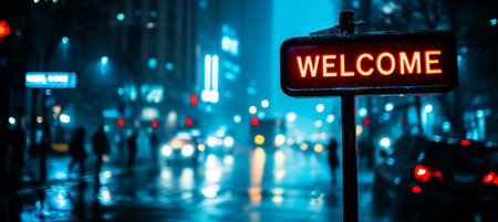 Glowing Welcome Sign Illuminates the Rain-Slicked Streets of a Bustling City at Night,の素材