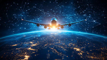 Global Connectivity Airplane Soaring Above Earth, City Lights, and Digital Network at Nightの素材