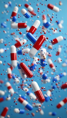 Colorful Capsule, Pill Pattern on Blue, Abstract Pharmaceutical Background Design, Blurred Effectの素材