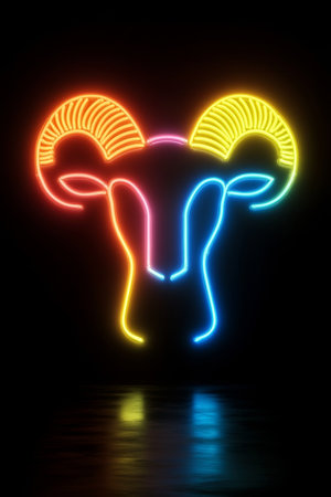 Neon Aries Zodiac Sign on Black Background, Vibrant and Modern Astrology Illustrationの素材