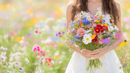 Woman in white dress with a vibrant bouquet of wildflowers celebrating summer in a sunny meadowの素材