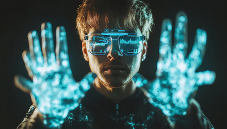 Man Immersed in Futuristic Technology, Interacting with Augmented Reality Holographic Interface.の素材